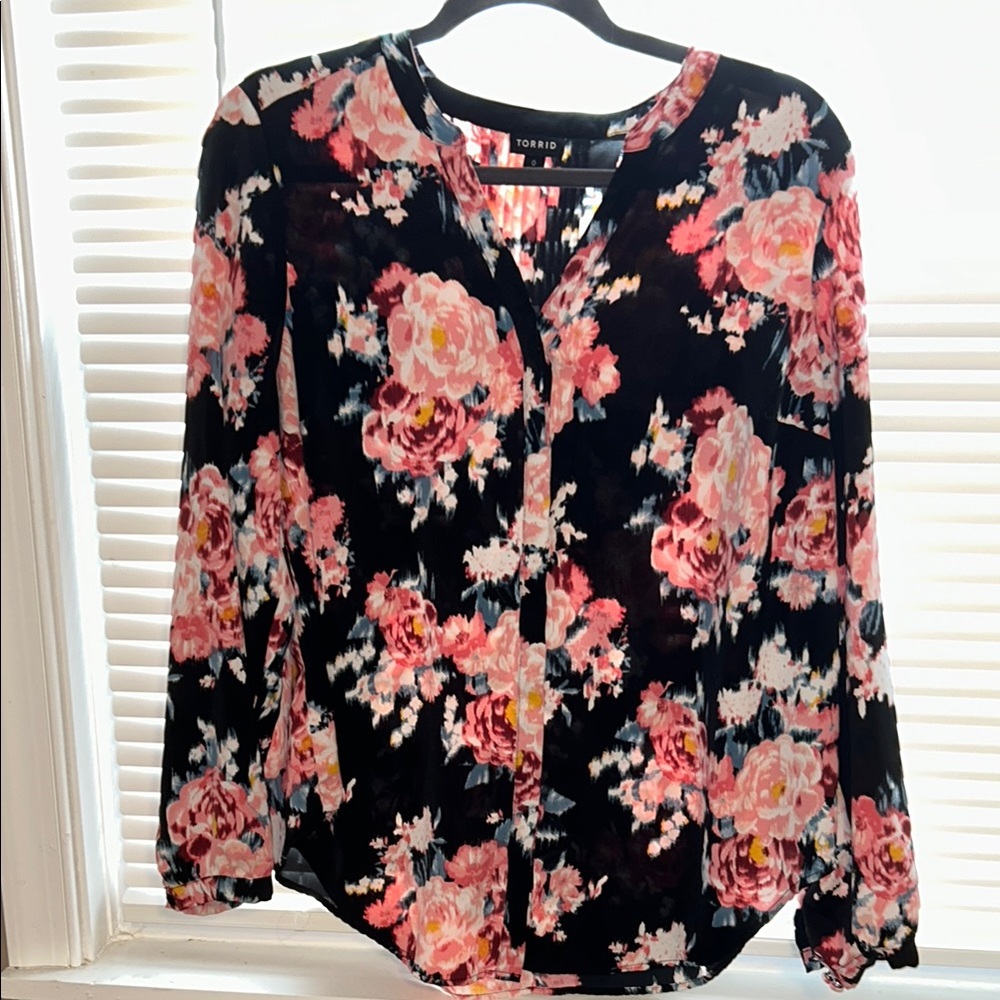 Torrid Pink and Orange Buttoned Blouse with Mandarin Collar